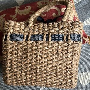 DKNY Tan Woven Tote with Decorative Accents